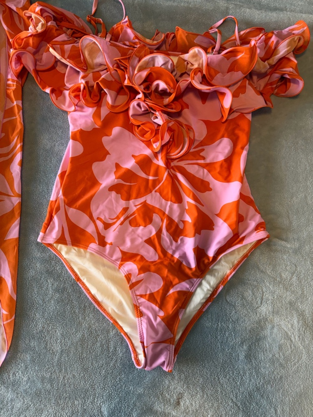 Ruffled Off-Shoulder One-Piece Swimsuit in Orange and Pink